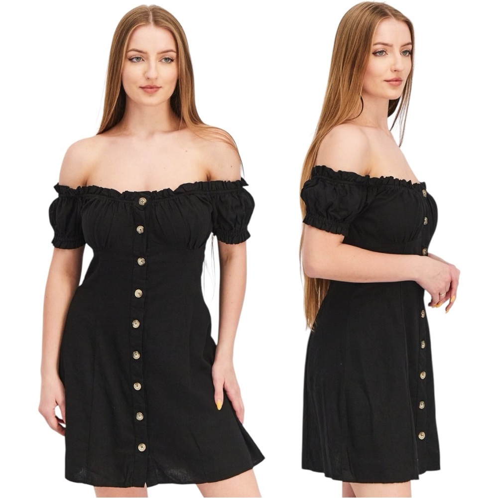 🆕 Forever 21 Black Woven Button Down Off-the-Shoulder Dress